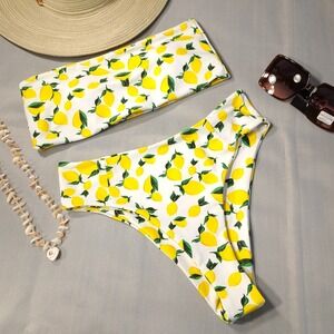 Women's High-Waisted Two-Piece Bikini Swimsuit Brazilian Bottom Lemons‎ M